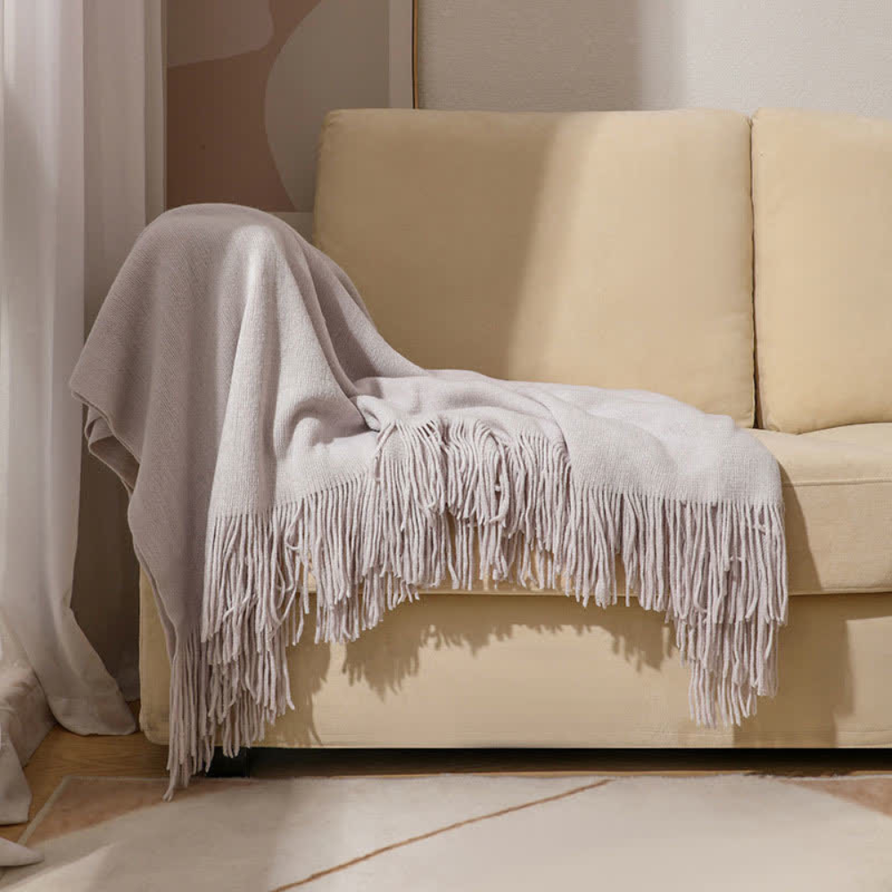 Chunky Knit Throw Blanket with Tassel Edges in Soft Acrylic