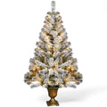 Small flocked Christmas tree in pot lit