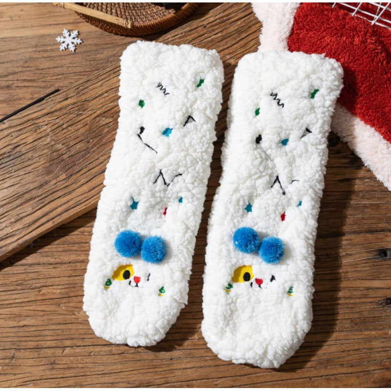 Fluffy pink floor socks with embroidered faces