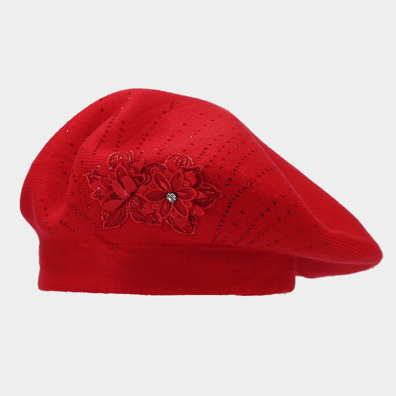 French knit beret with flower and rhinestones