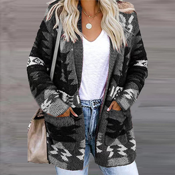 Hendrano Open-Front Knit Cardigan with Geometric Pattern