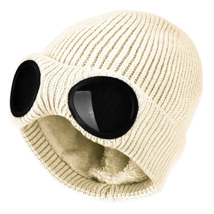 Knit beanie with flip-up goggles on front