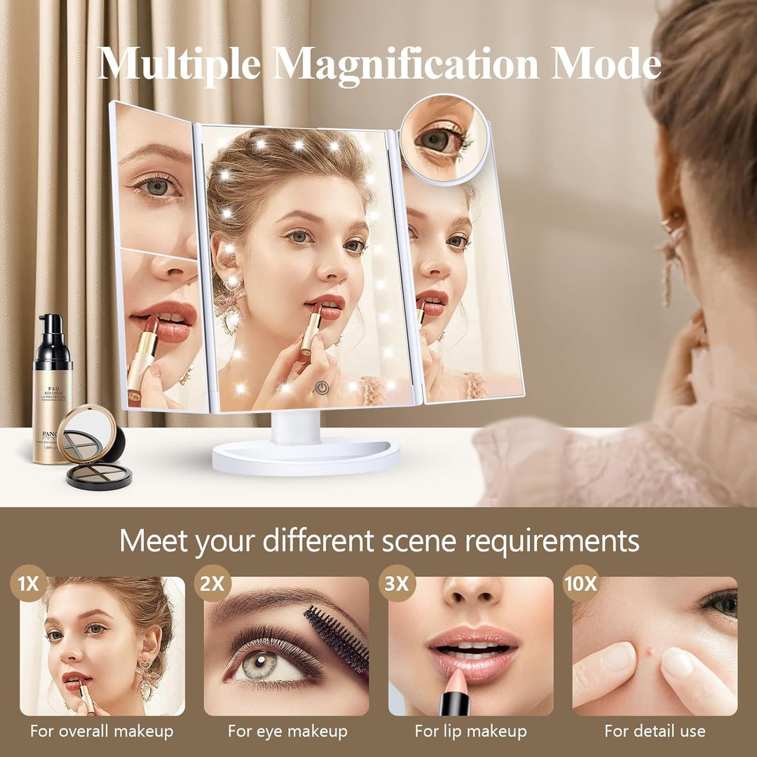 Hendrano™ Tri-Fold LED Makeup Mirror with 10x Magnification and Tray