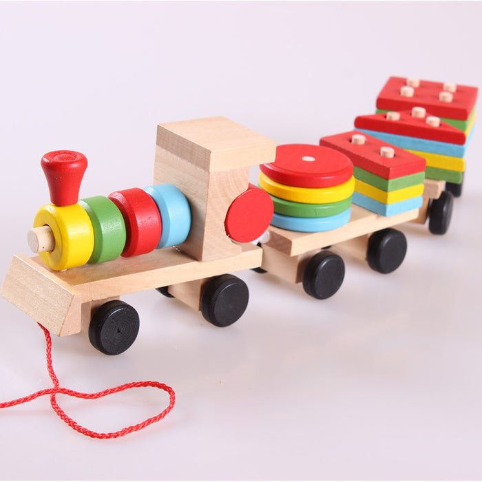 Hendrano Wooden Pull-Along Train with 16 Stacking Shape Blocks