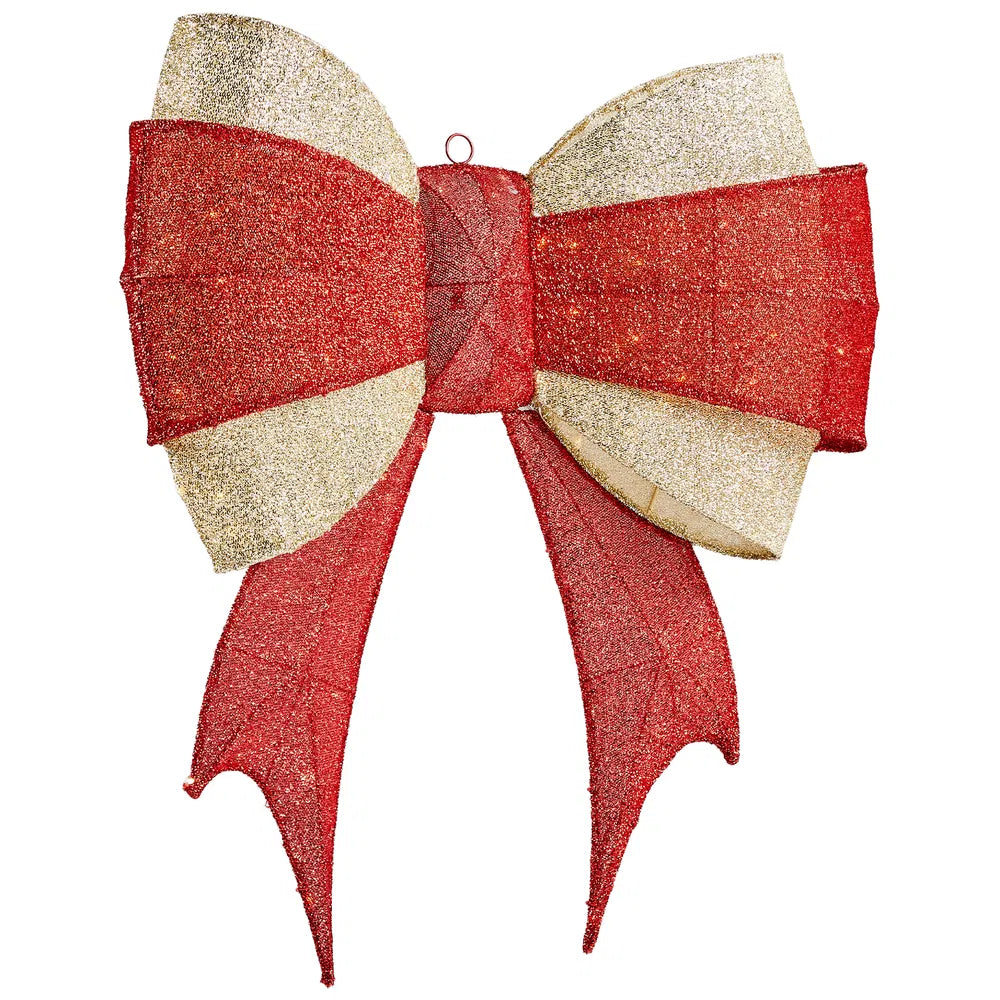 Large lighted red and gold Christmas bow