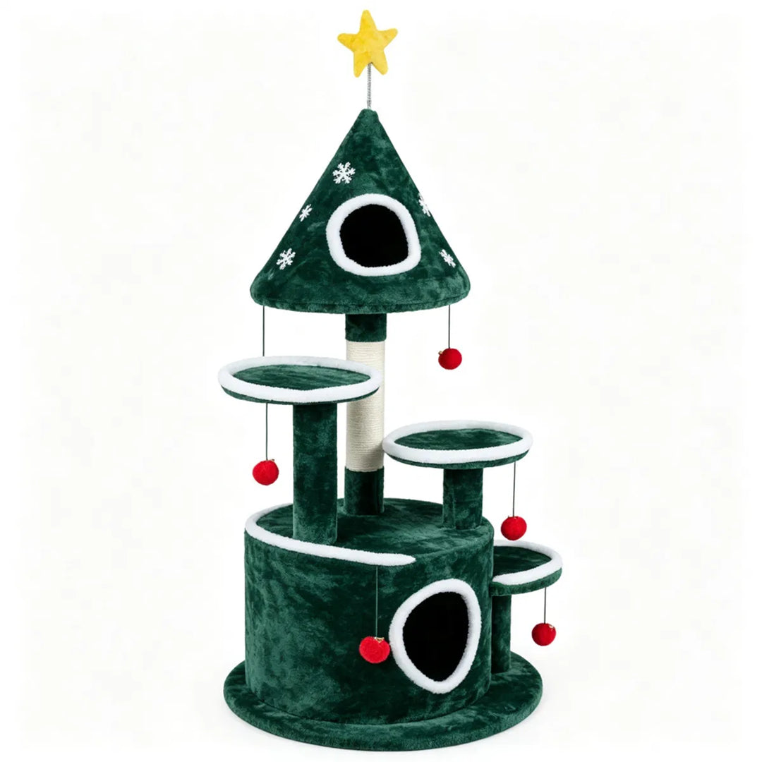 Christmas themed cat tree with bell balls
