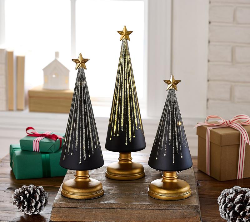LED Light-Up Christmas Tree Set of 3 with Built-In Timer