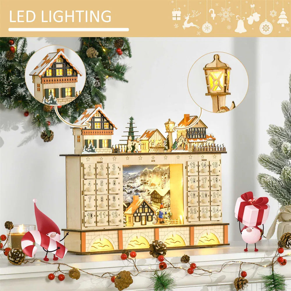 Lit wooden Christmas village advent calendar