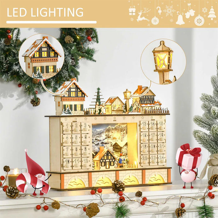 Hendrano Wooden Christmas Village Advent Calendar with LED Lights