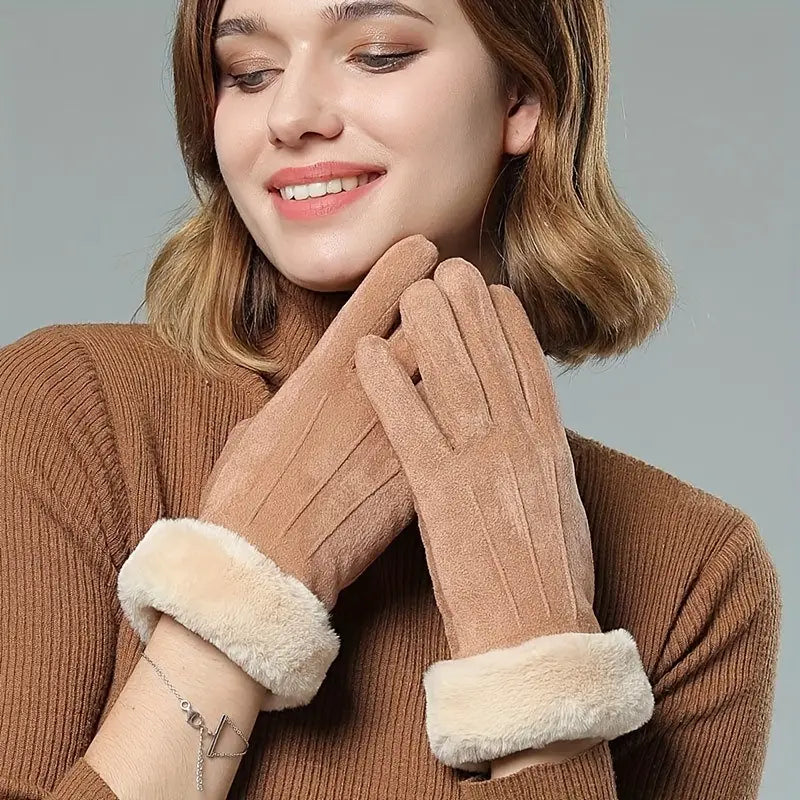 Warm Suede Gloves with Soft Velvet Lining and Plush Cuff