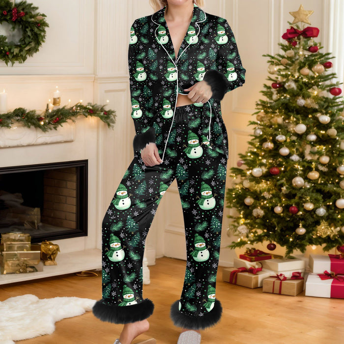 Hendrano Christmas Button-Up Pajama Set with Faux-Fur Cuffs