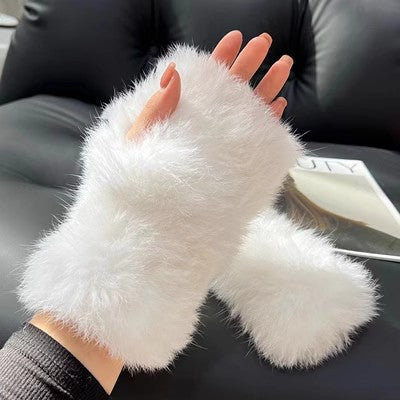 Hendrano Fluffy Rabbit Fur Fingerless Mittens with Thumb Hole