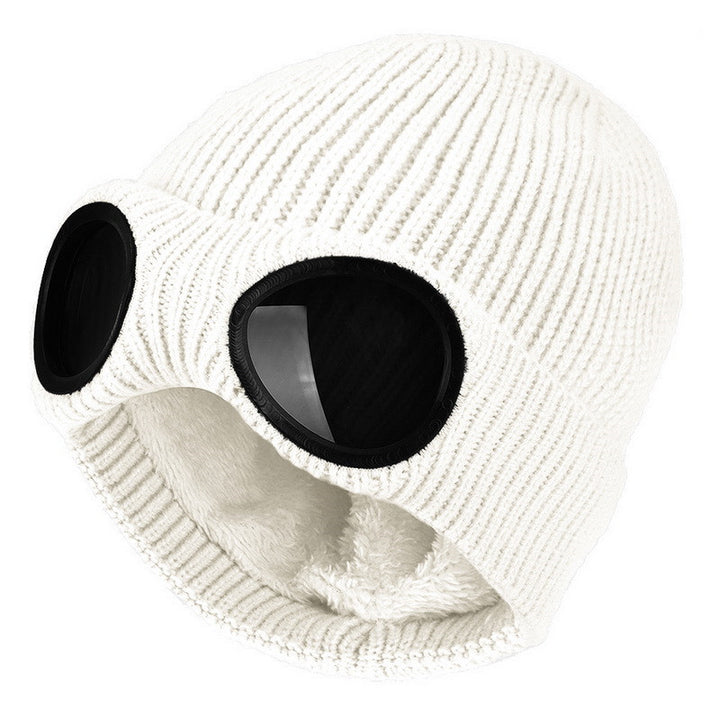 Knit beanie with flip-up goggles on front