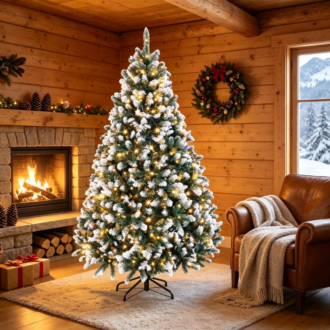 Snow tipped pre-lit Christmas tree with remote