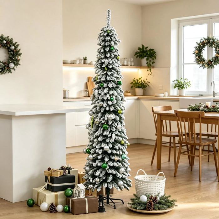 Hendrano 7 ft Slim Snow-Flocked Pencil Christmas Tree, Unlit