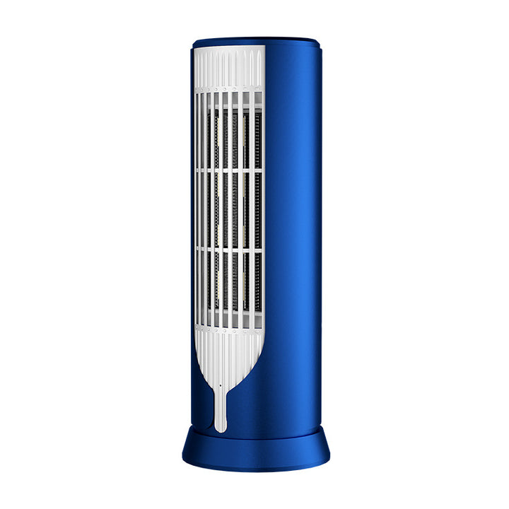 White ceramic tower heater on a desk