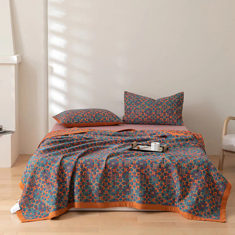 Six-Layer Cotton Blanket with Orange and Blue Pattern