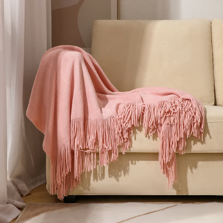 Chunky Knit Throw Blanket with Tassel Edges in Soft Acrylic