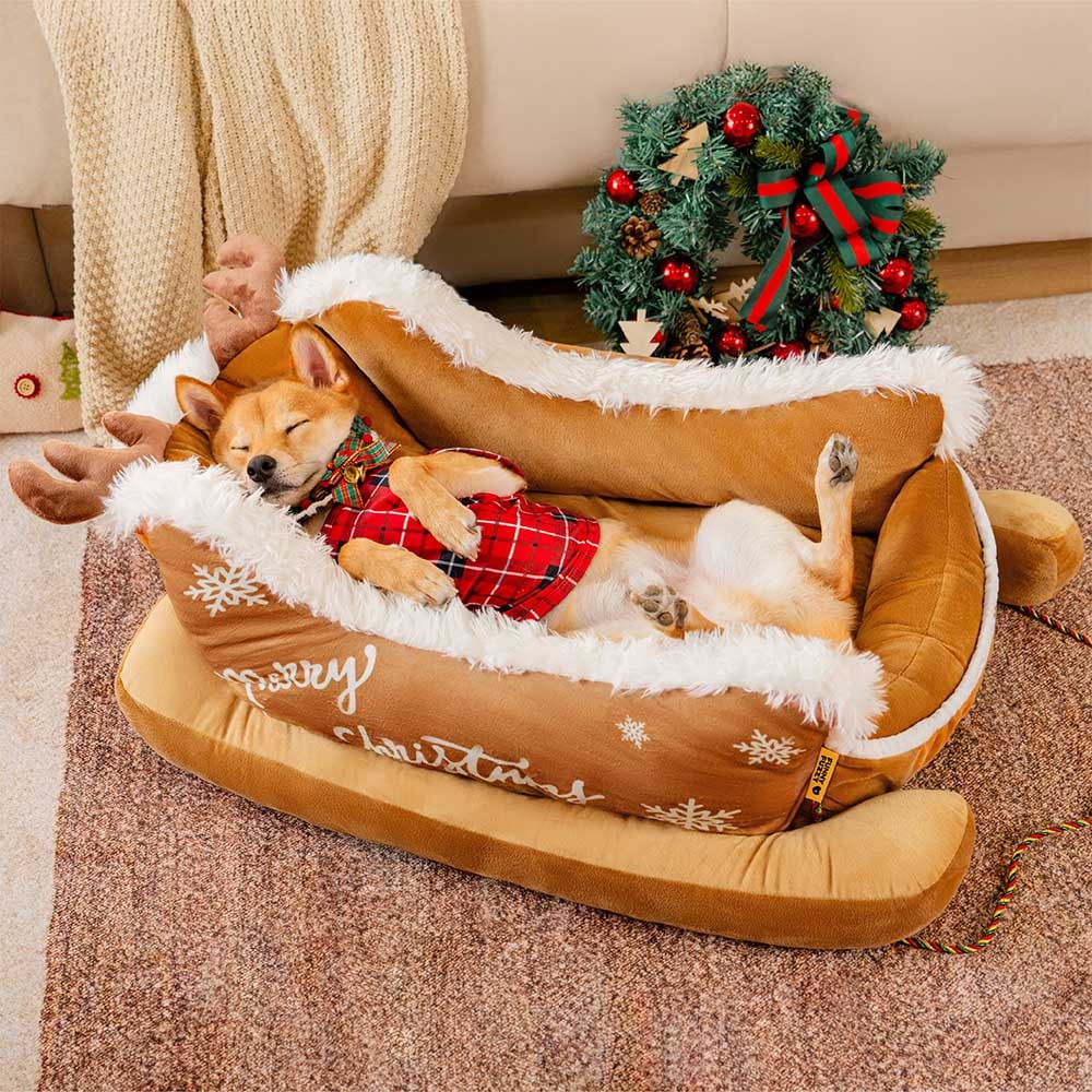 Hendrano™ Sleigh-Shaped Dog Bed with Plush Faux Fur for Cozy Winters