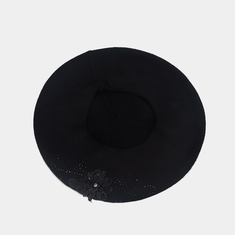 French knit beret with flower and rhinestones