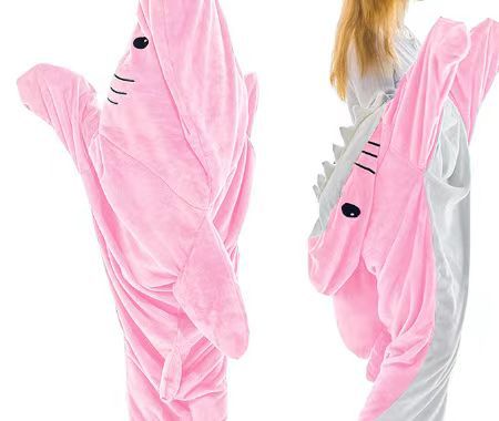Person wearing a gray shark blanket hoodie