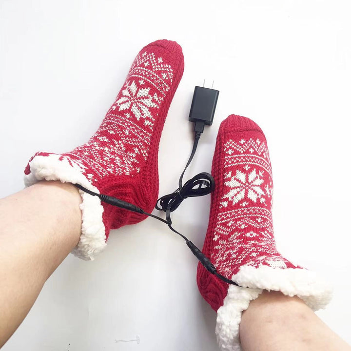 Red USB heated snowflake knit socks