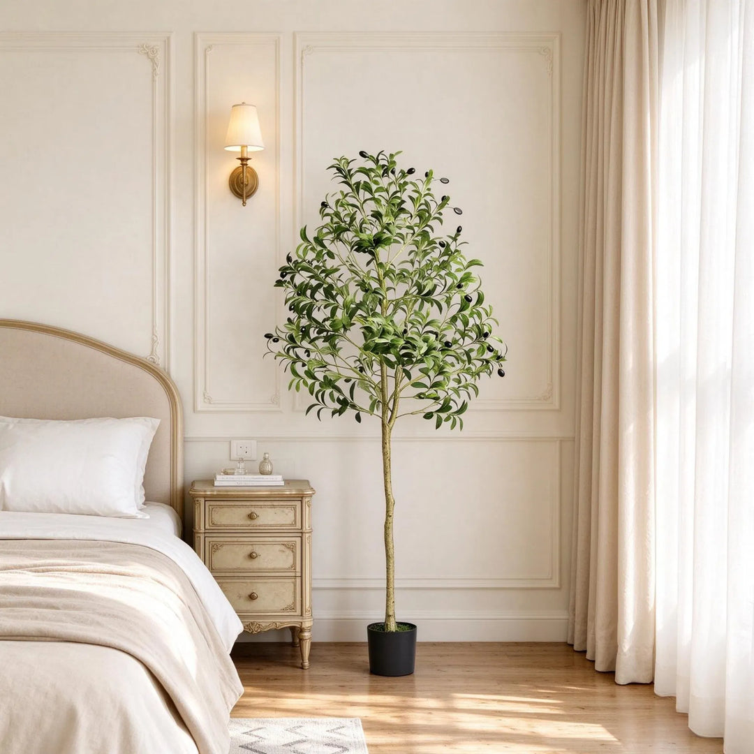 Artificial potted olive tree in living room