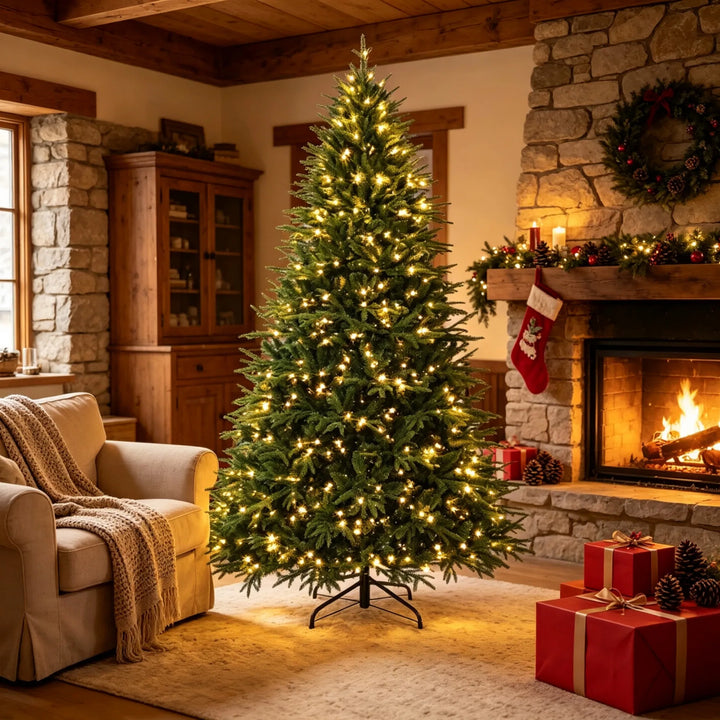 Extra full green Christmas tree with lights