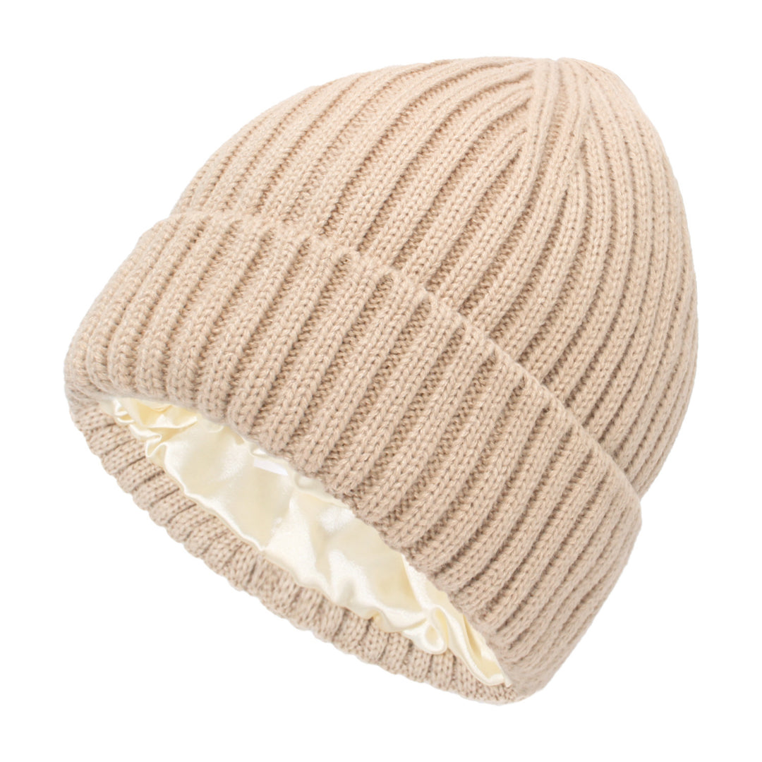 Satin-lined ribbed knit beanie in cream