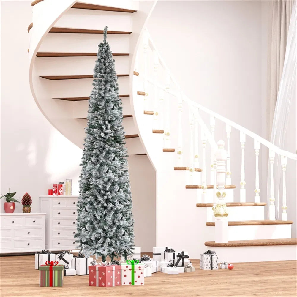 Tall slim snow flocked pencil tree