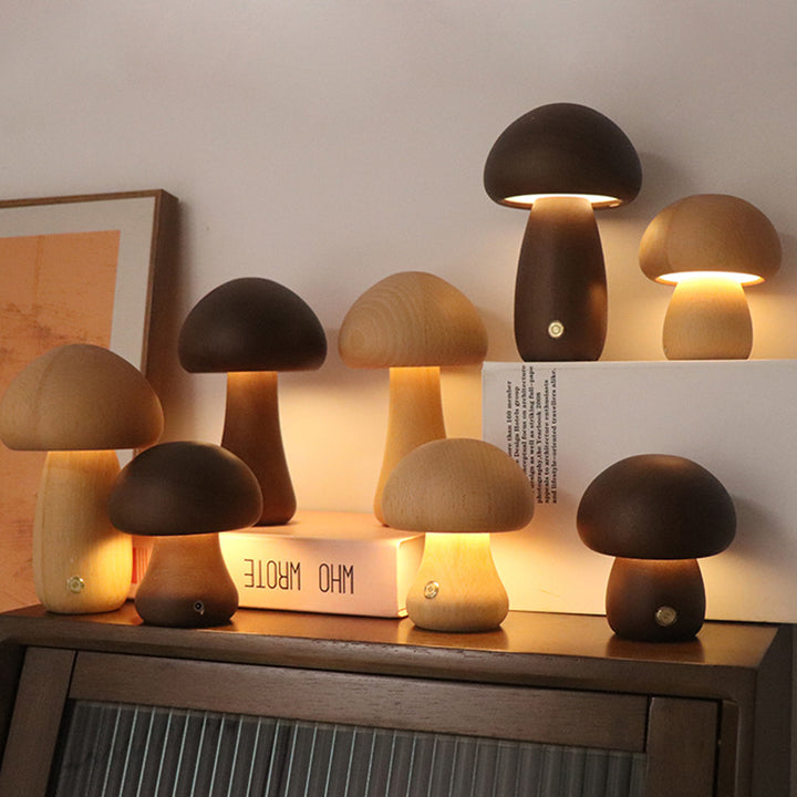 Wooden mushroom lamp glowing warm