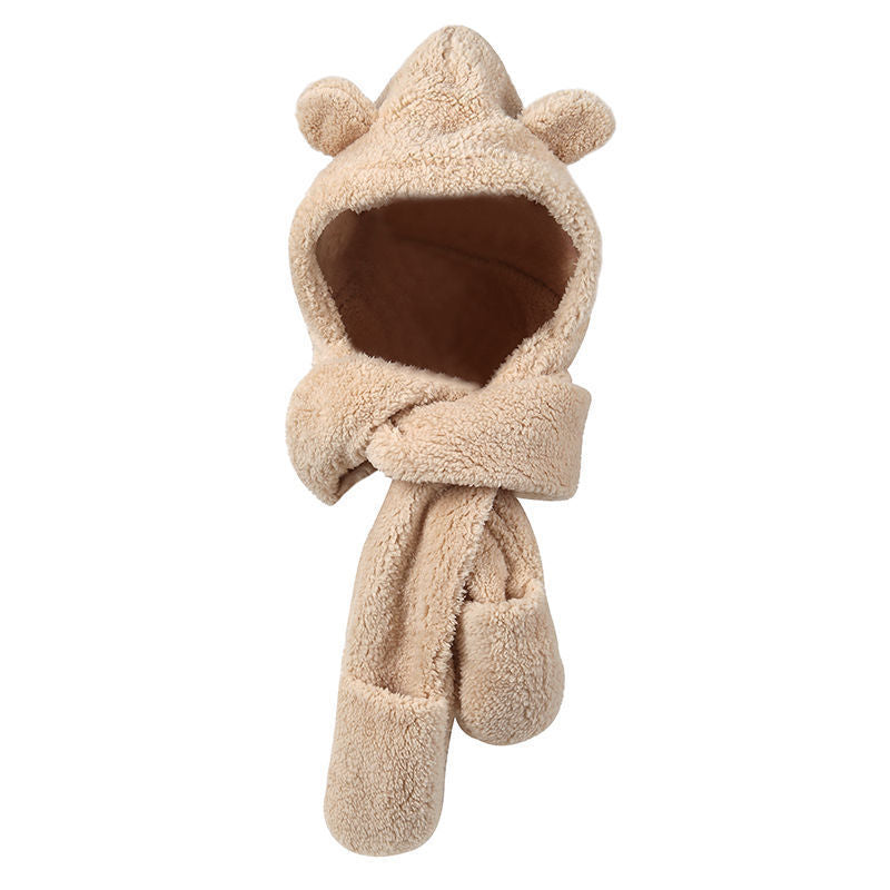 Woman wearing a teddy hood with bear ears