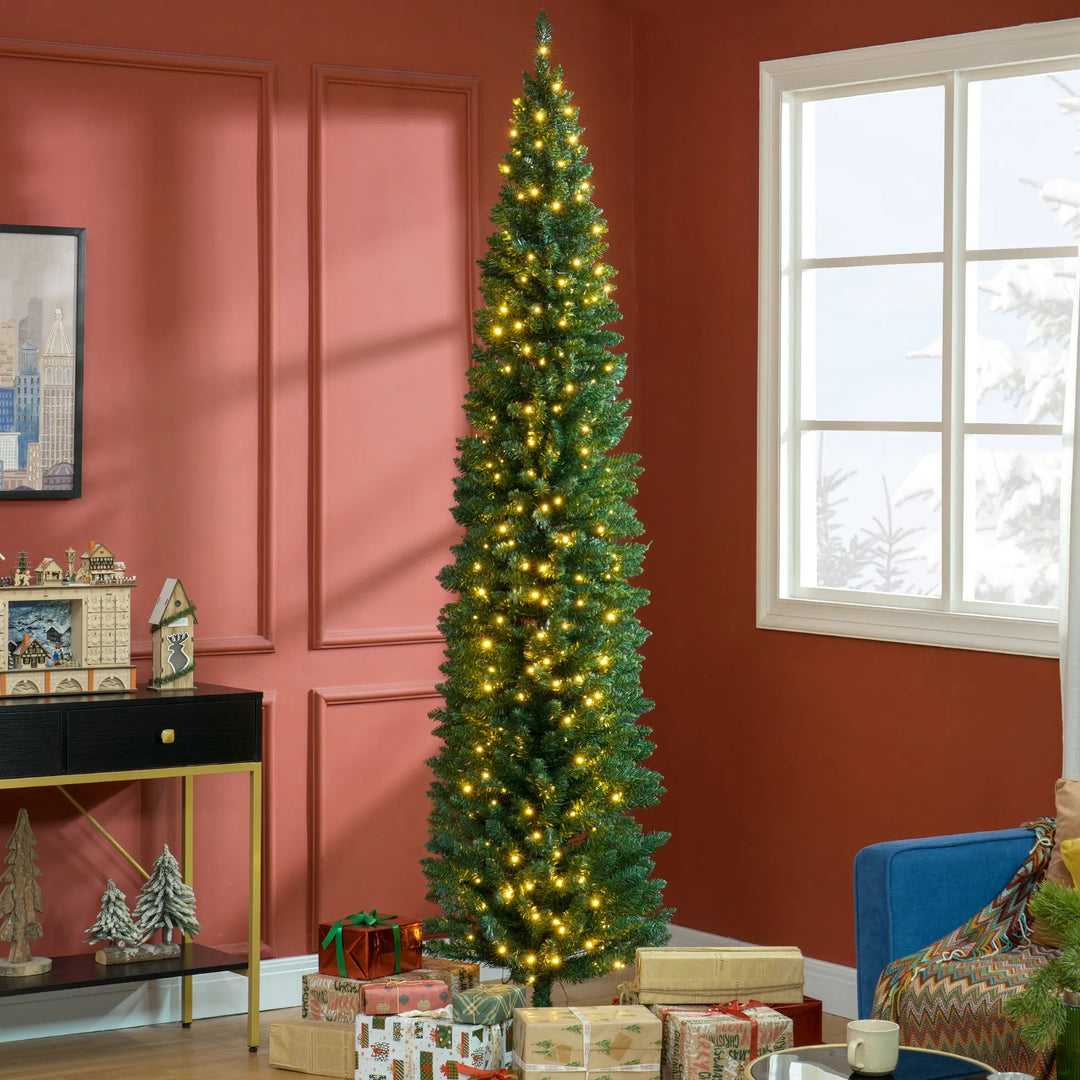 Tall slim green pre-lit Christmas tree