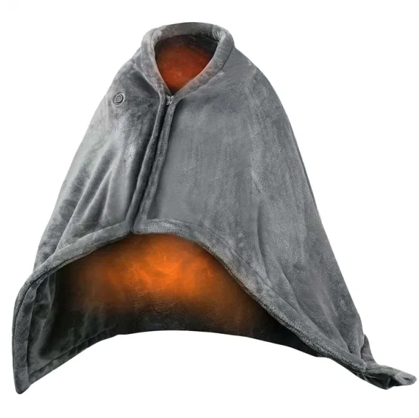 Gray heated poncho wrap with zipper