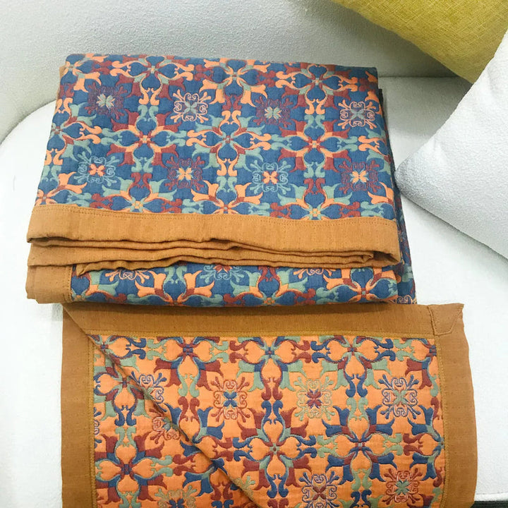 Six-Layer Cotton Blanket with Orange and Blue Pattern