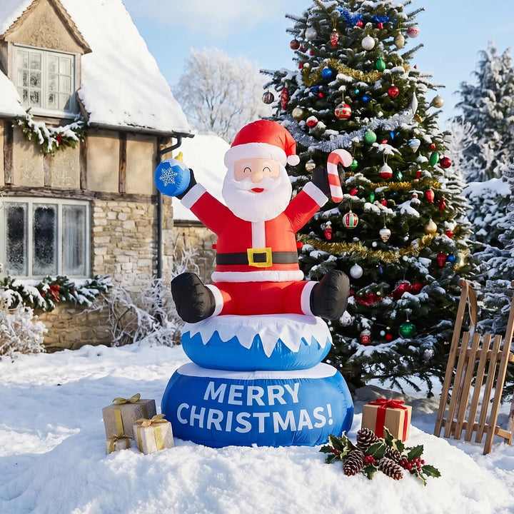 Inflatable lighted Santa on a rotating Merry Christmas base
