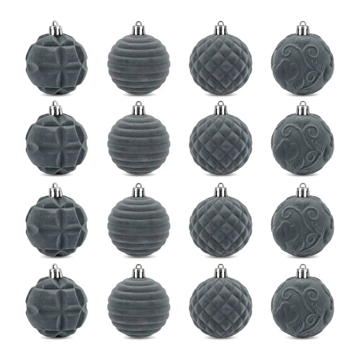 Hendrano Gray Velvet Ball Ornaments with Carved Pattern, 12 Pack