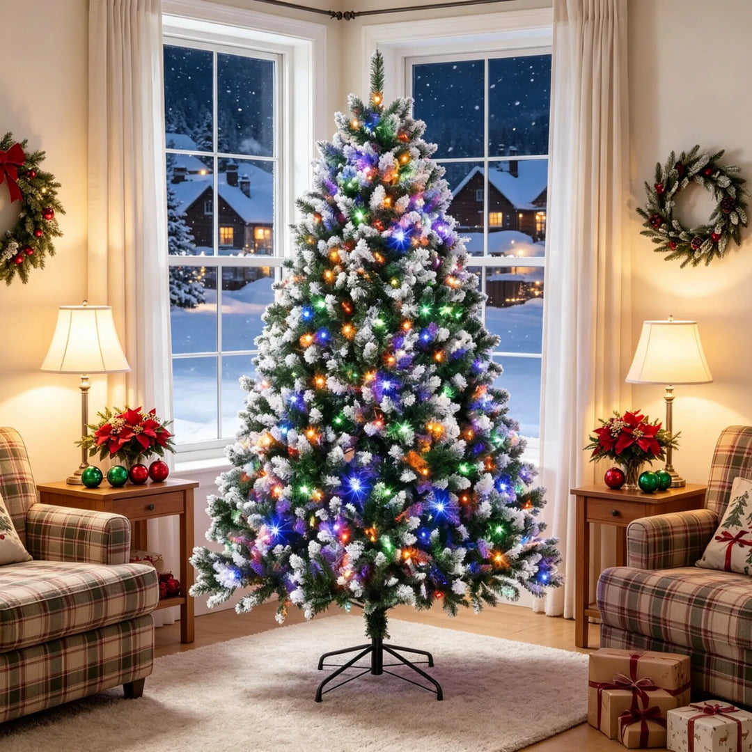 Tall snow tipped pre-lit Christmas tree