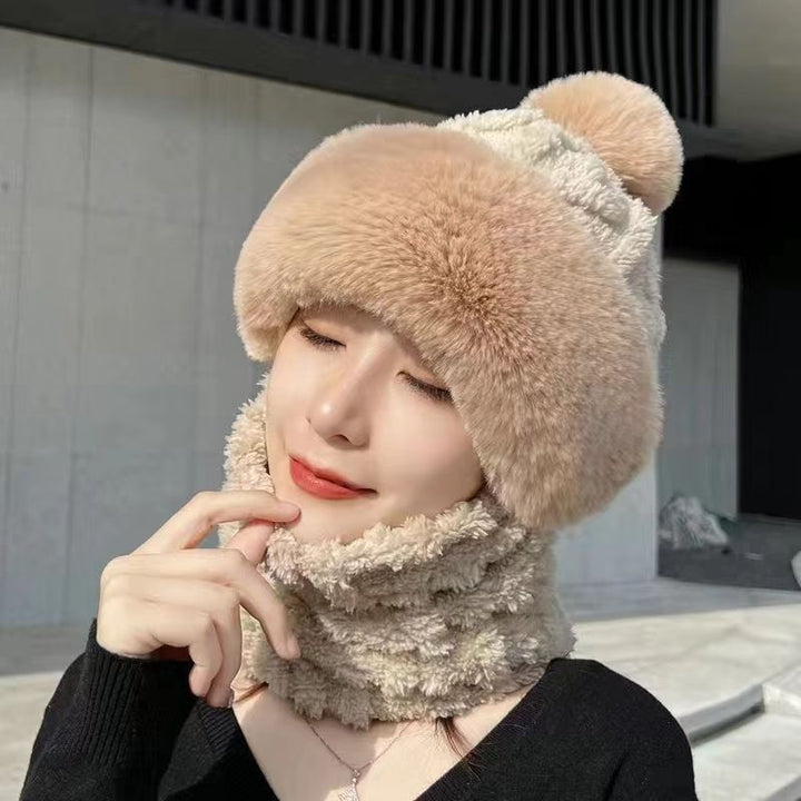 Pink plush hood hat with neck warmer