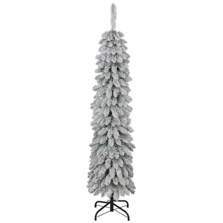 Slim snow flocked pencil Christmas tree in corner