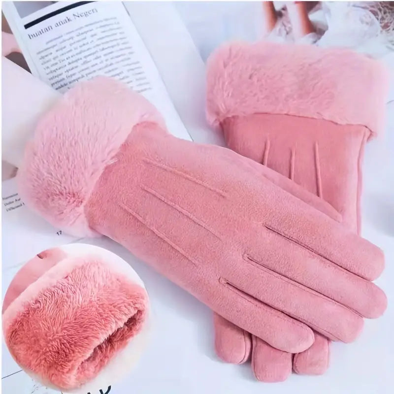 Warm Suede Gloves with Soft Velvet Lining and Plush Cuff