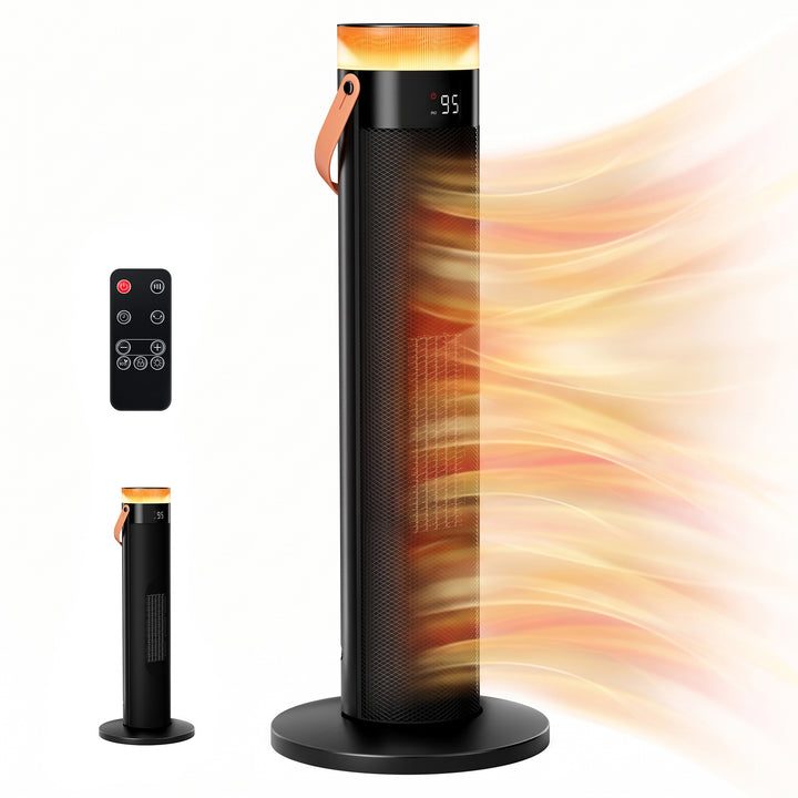Black slim tower heater with glowing LED ring
