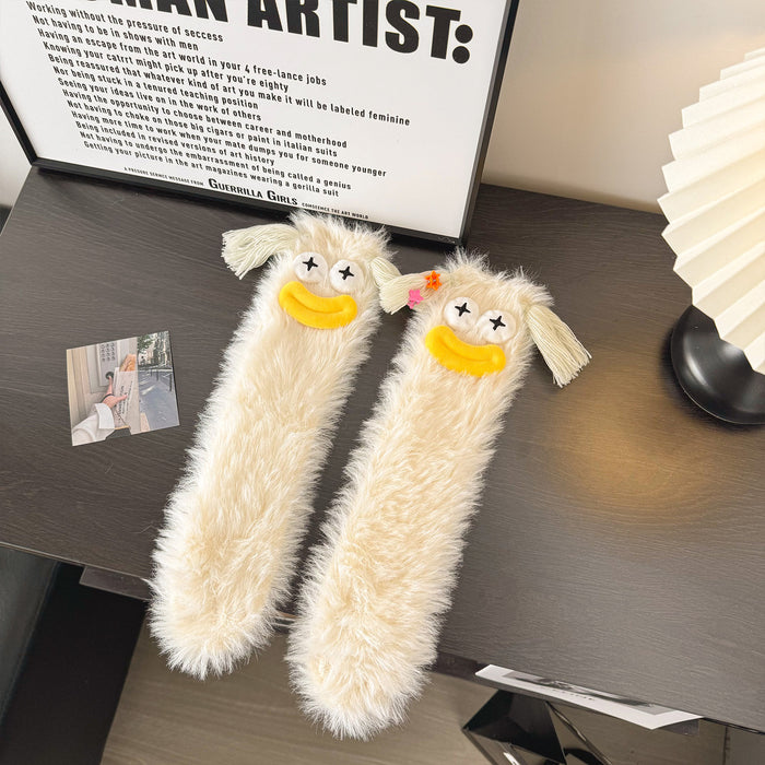 Hendrano Fluffy Monster Face Socks, Plush Mid-Calf