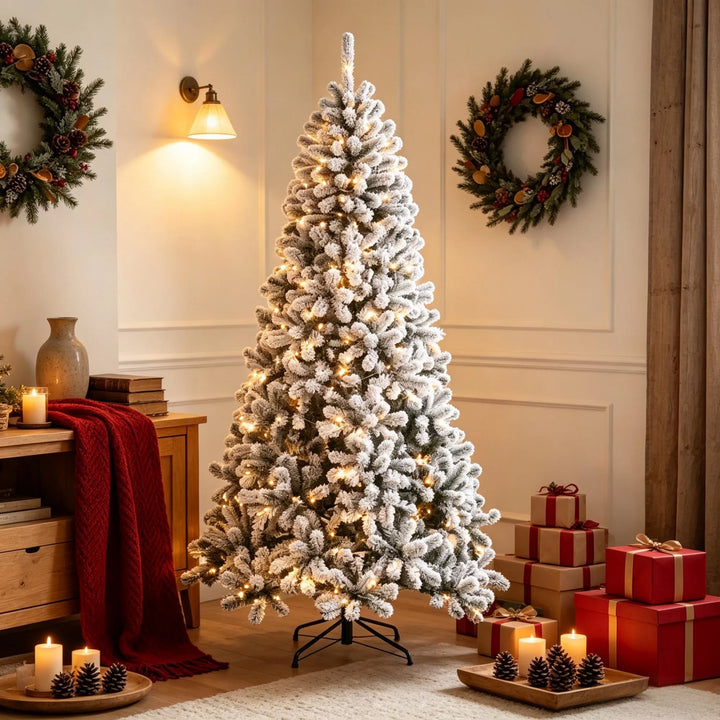 Flocked Northern pine Christmas tree with lights
