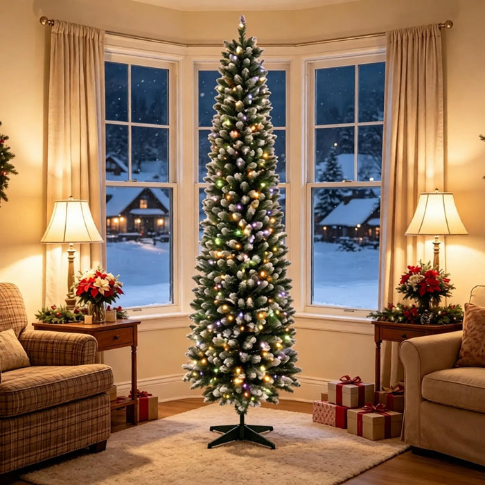Hendrano 8 ft Slim Frosted Pencil Christmas Tree with 300 LEDs