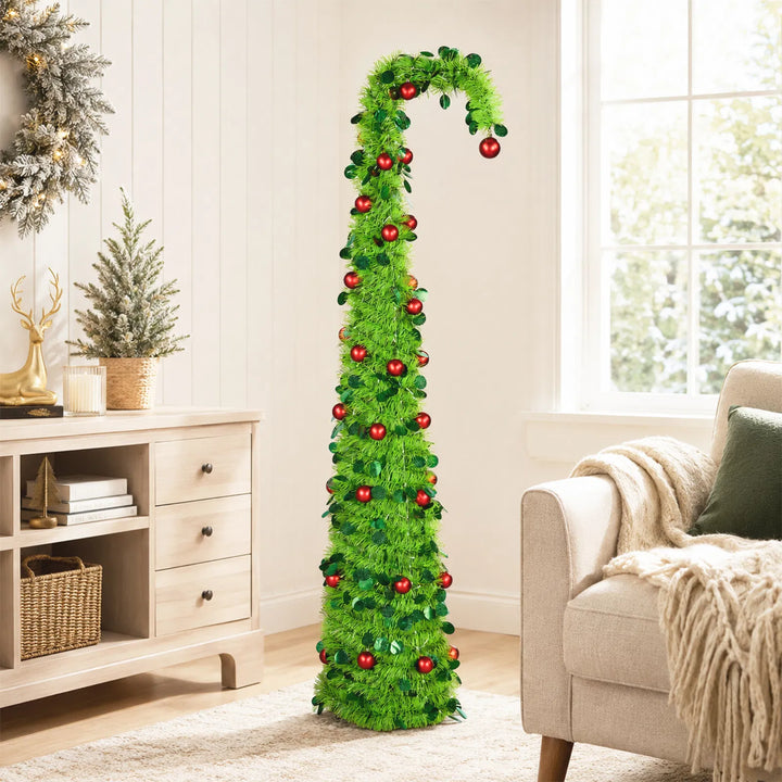 Green pop up Christmas tree with red ornaments