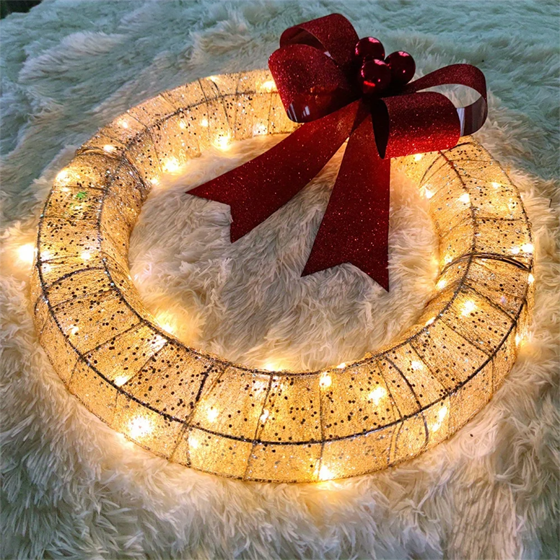 Lighted Christmas Wreath with Big Bow and Warm LED Lights, 20 in