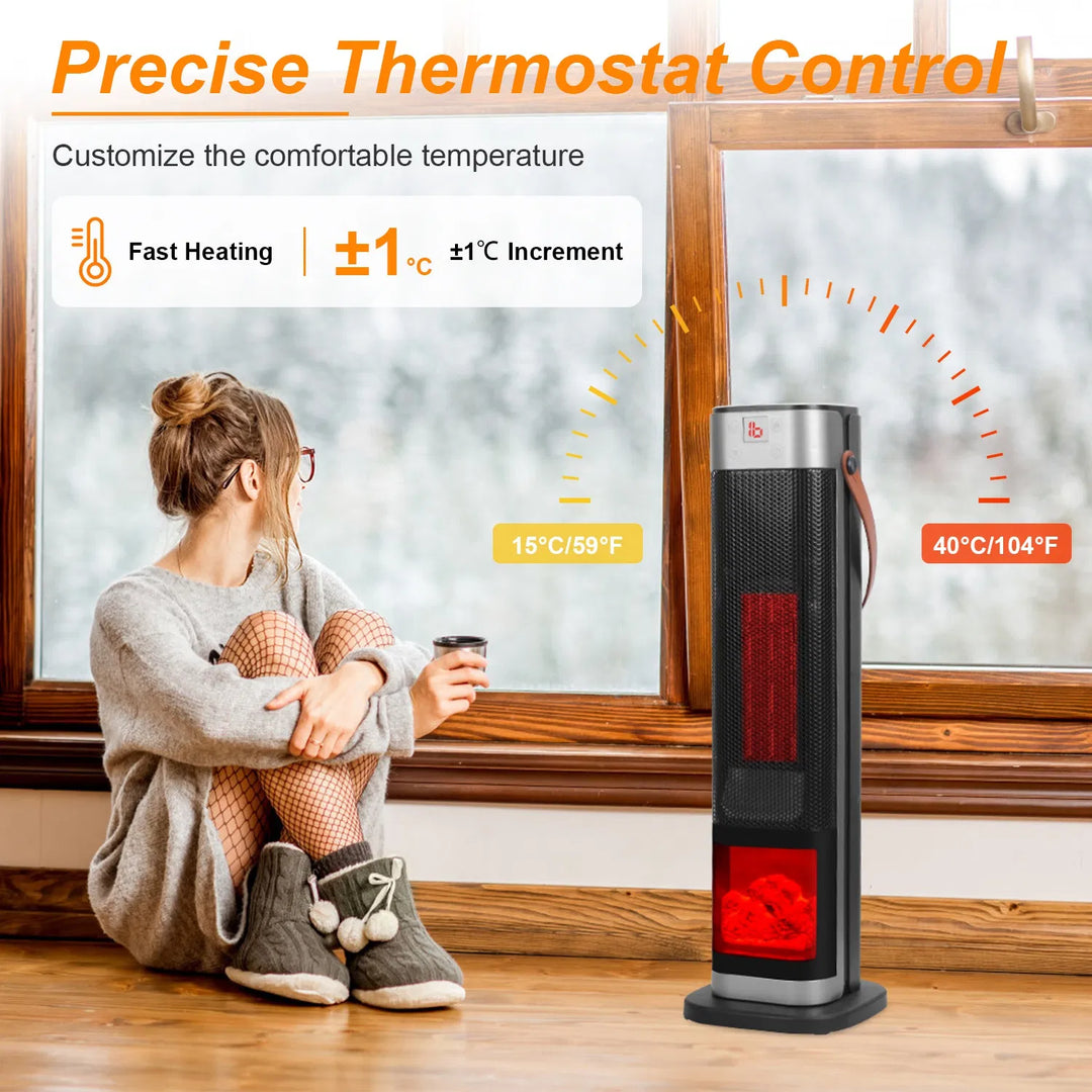 Black tower space heater with glowing flame effect window