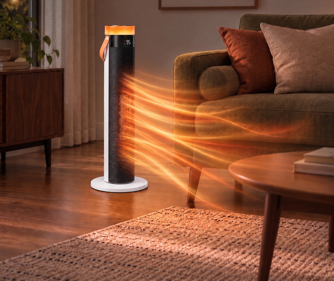 White slim tower heater with LED ring