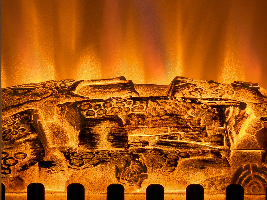 White electric stove heater with glowing log flames